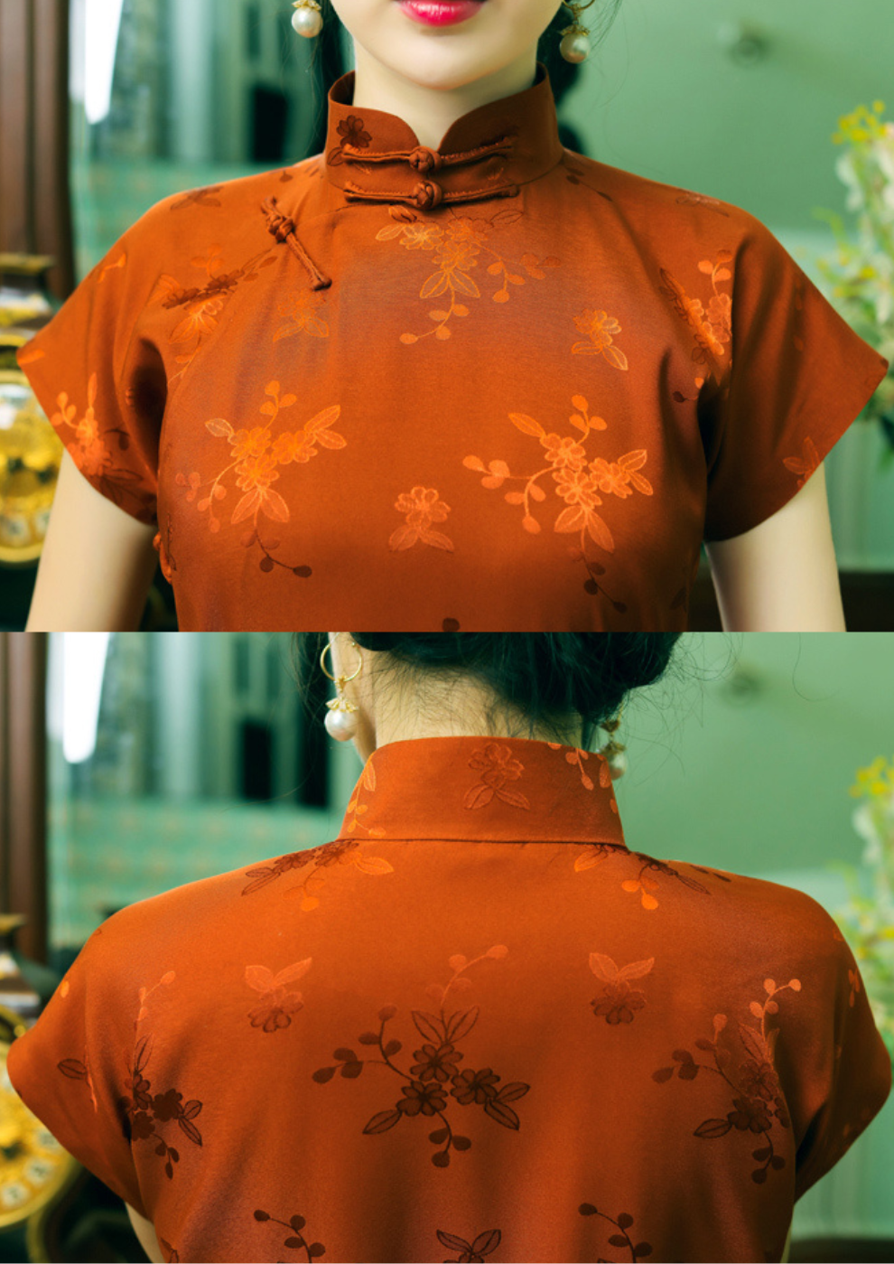 Tie Xu 鐵鏽 鏽紅色 1930年代緞面花卉短袖旗袍