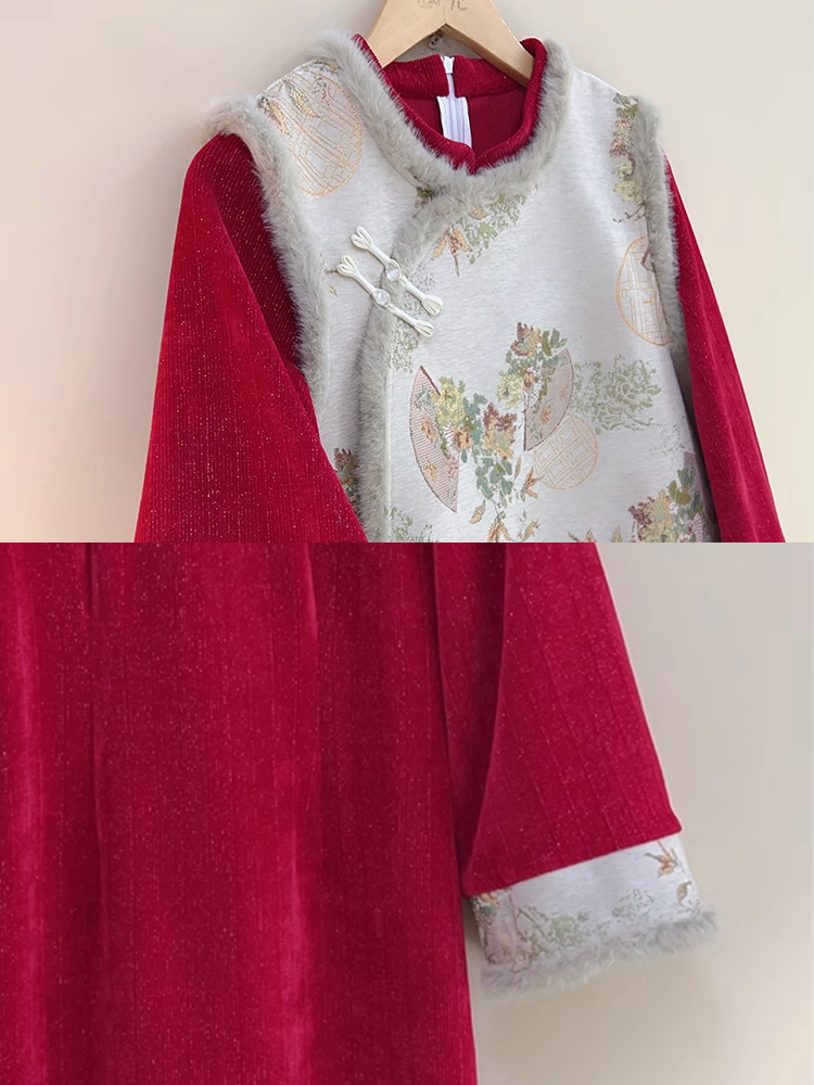 Hong Bao 红包 Roten Umschlag 1920er Jahre inspiriertes Plus Size Winter Qipao & Majia Westen-Set