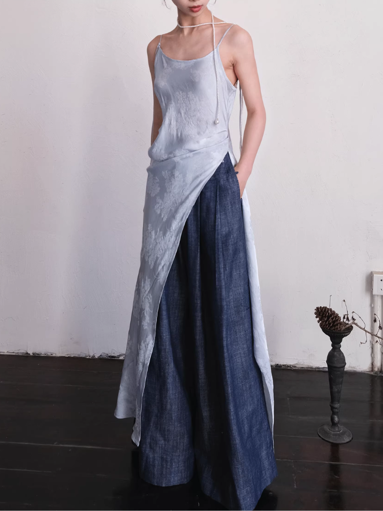 Yushu Luo 玉黍螺 Periwinkle New Chinese Style Bias Cut Satin Jacquard Two-Way Dress