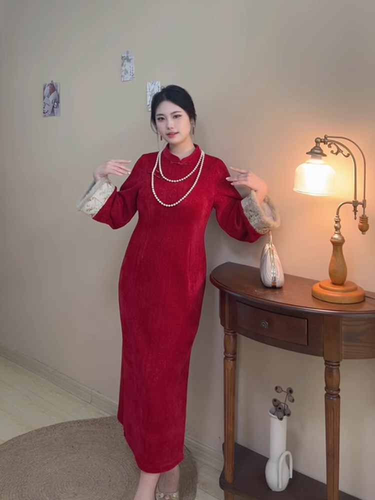 Hong Bao 红包 Roten Umschlag 1920er Jahre inspiriertes Plus Size Winter Qipao & Majia Westen-Set