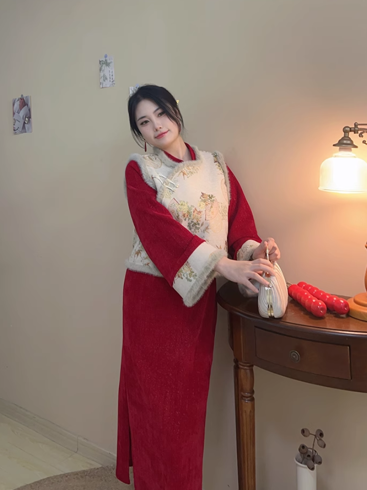 Hong Bao 红包 Roten Umschlag 1920er Jahre inspiriertes Plus Size Winter Qipao & Majia Westen-Set