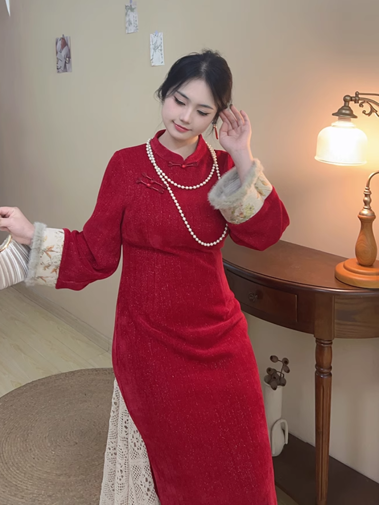 Hong Bao 红包 Roten Umschlag 1920er Jahre inspiriertes Plus Size Winter Qipao & Majia Westen-Set