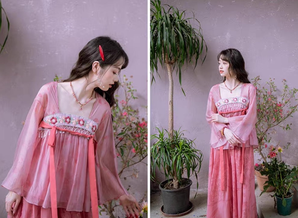 Taohua Qu 桃花曲 Peach Blossom Ballad Modernized Tang Dynasty Floral Embroidery Ruqun Top & Skirt Set