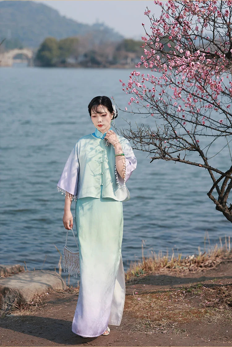 Ni 霓 Neon 1930s Gradient Leaf Jacquard Cap Sleeve Qipao