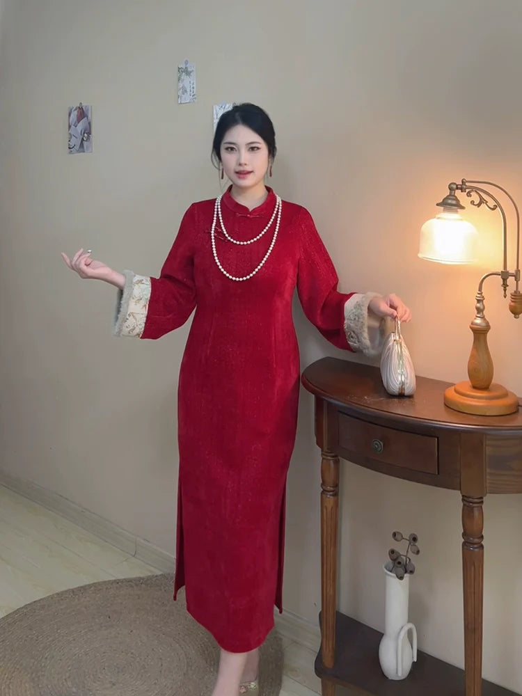 Hong Bao 红包 Roten Umschlag 1920er Jahre inspiriertes Plus Size Winter Qipao & Majia Westen-Set