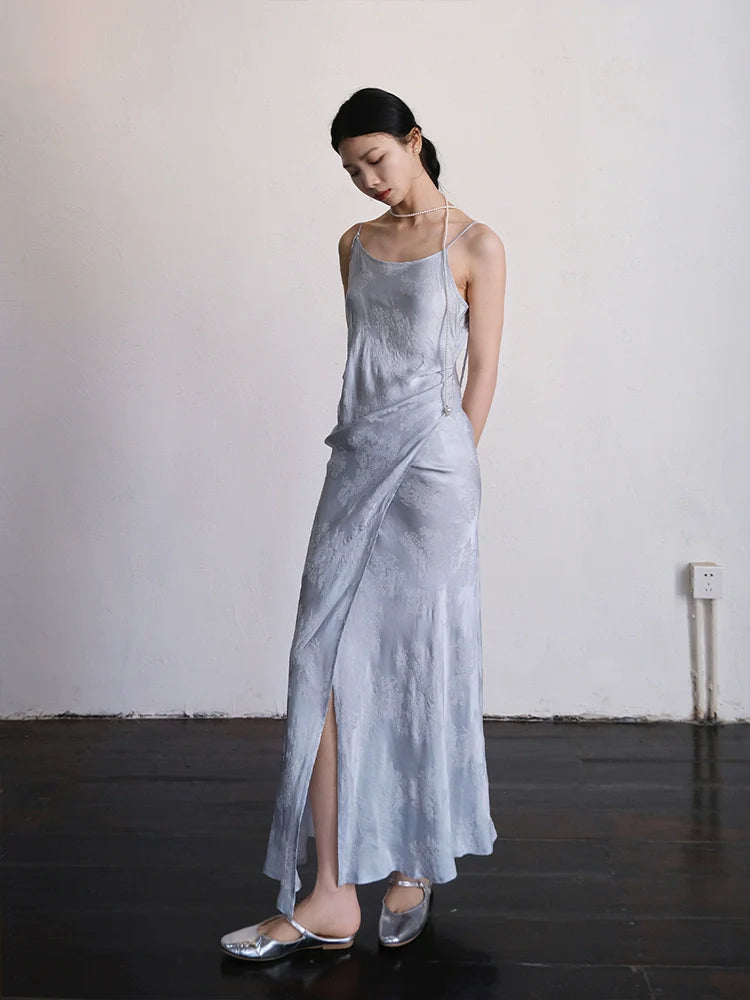 Yushu Luo 玉黍螺 Periwinkle New Chinese Style Bias Cut Satin Jacquard Two-Way Dress