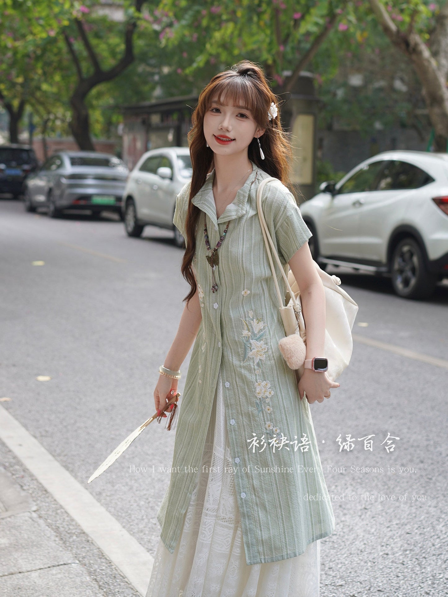Lü Baihe 绿百合 Green Lily New Chinese Style Pure Cotton Round Collar Embroidered Day Dress