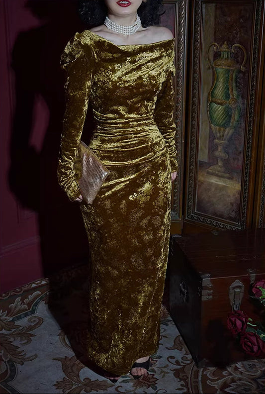 Liu Guang 鎏光 Flowing Light New Chinese Style Velvet Long Sleeve Dress