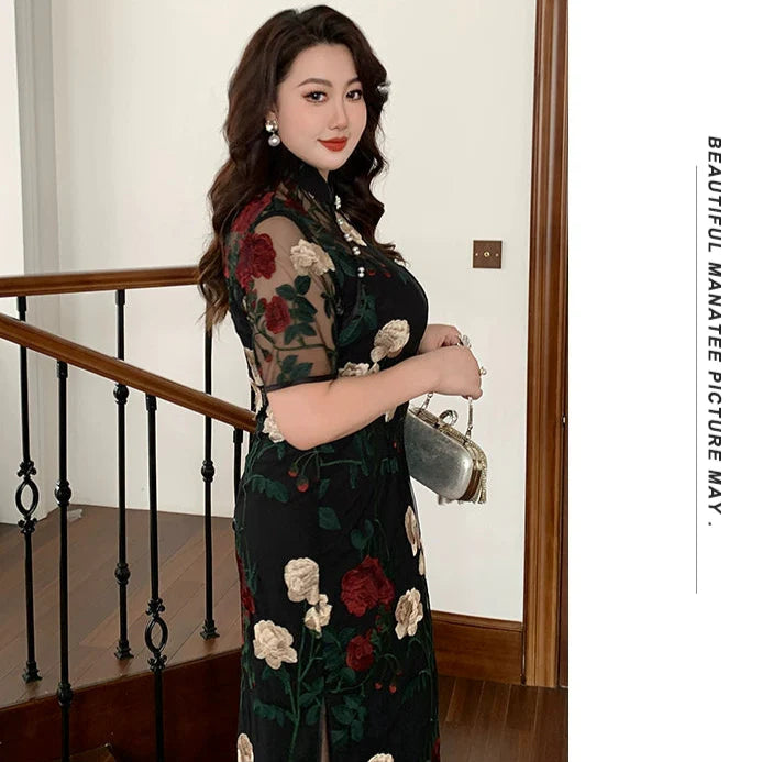Xixue Gui 吸血鬼 Vampira Plus Size Modernized Sheer Embroidered Floral Short Sleeve Qipao