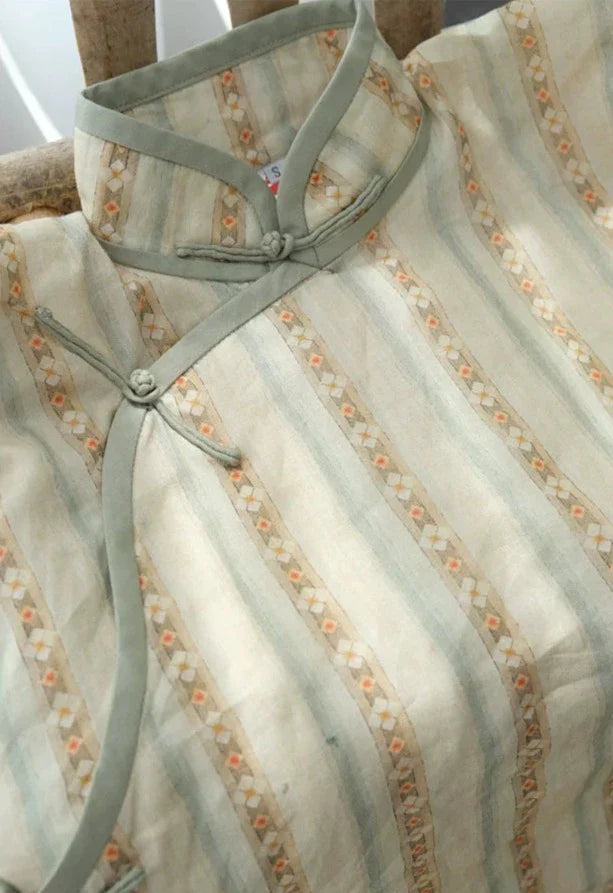 Cai Cao 采草 Kräutersammeln 1930er Doppellagiges Ramie-Pflanzen-Kurzarm-Qipao