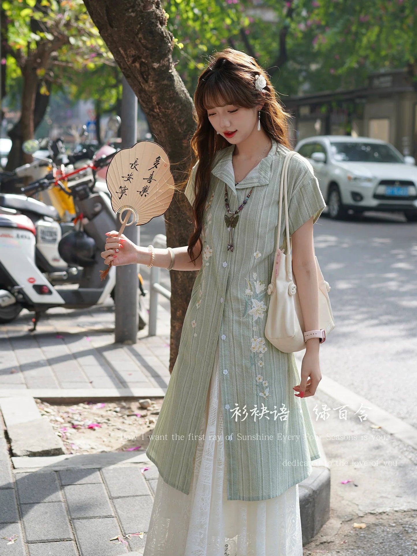 Lü Baihe 绿百合 Green Lily New Chinese Style Pure Cotton Round Collar Embroidered Day Dress