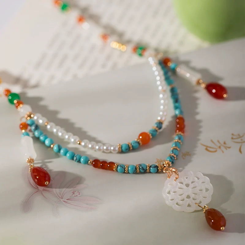Qiong Zhi 琼枝 Double Layered Beaded Lotus Necklace