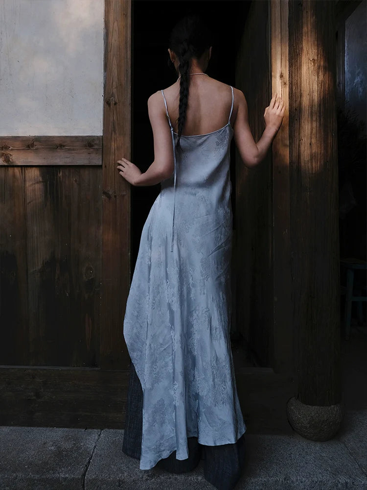 Yushu Luo 玉黍螺 Periwinkle New Chinese Style Bias Cut Satin Jacquard Two-Way Dress