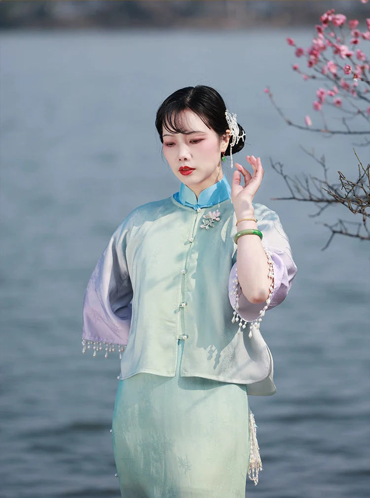 Ni 霓 Neon 1930s Gradient Leaf Jacquard Cap Sleeve Qipao