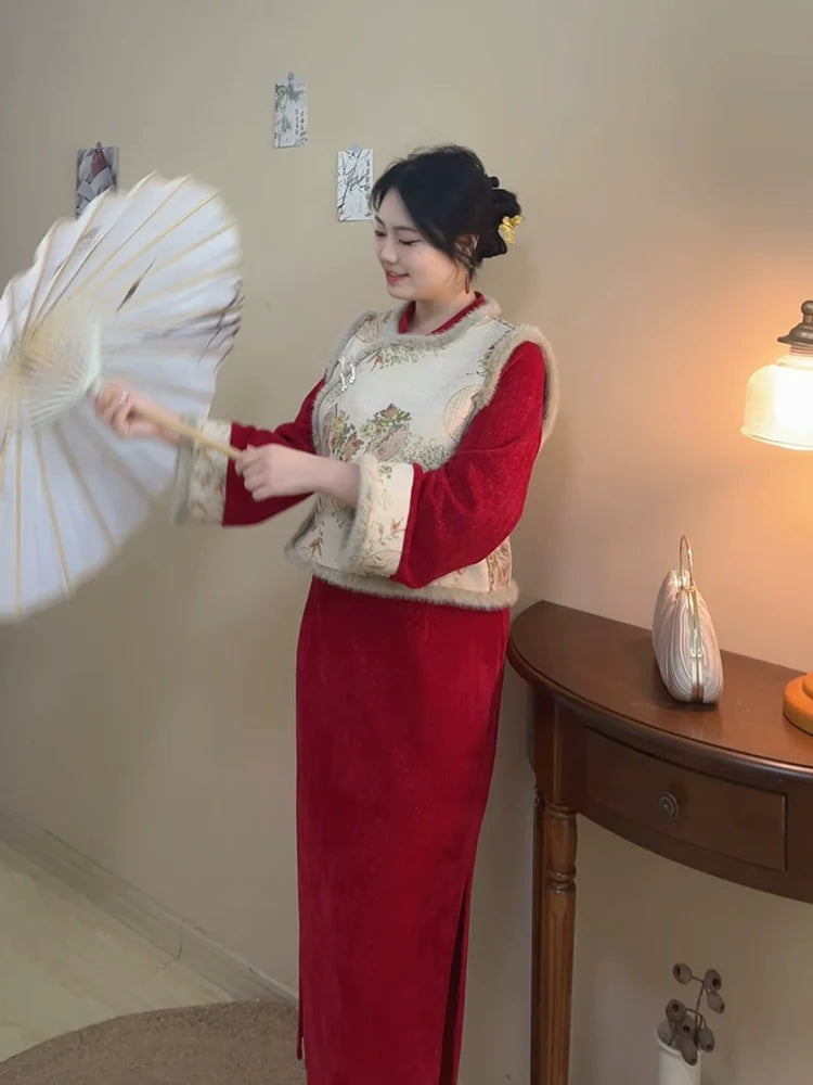 Hong Bao 红包 Roten Umschlag 1920er Jahre inspiriertes Plus Size Winter Qipao & Majia Westen-Set