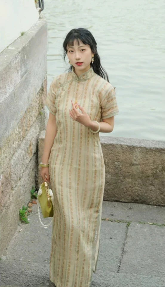 Cai Cao 采草 Kräutersammeln 1930er Doppellagiges Ramie-Pflanzen-Kurzarm-Qipao