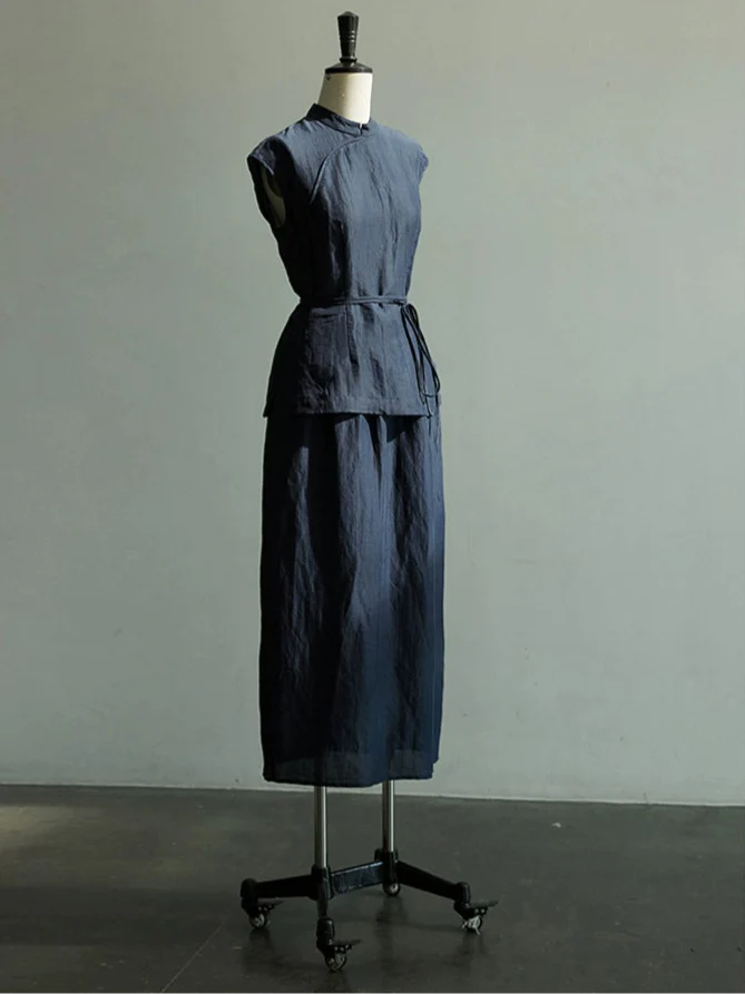 Lan Su 蓝溯 Tracing Blue New Chinese Style Summer Tencel Linen Qipao Top & Skirt Set
