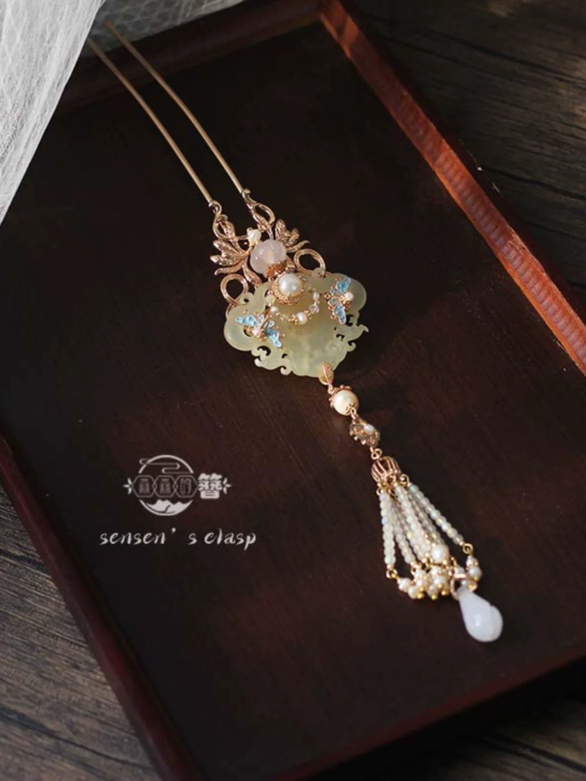 黛藍秀嶼新中式復古珍珠流蘇髮飾