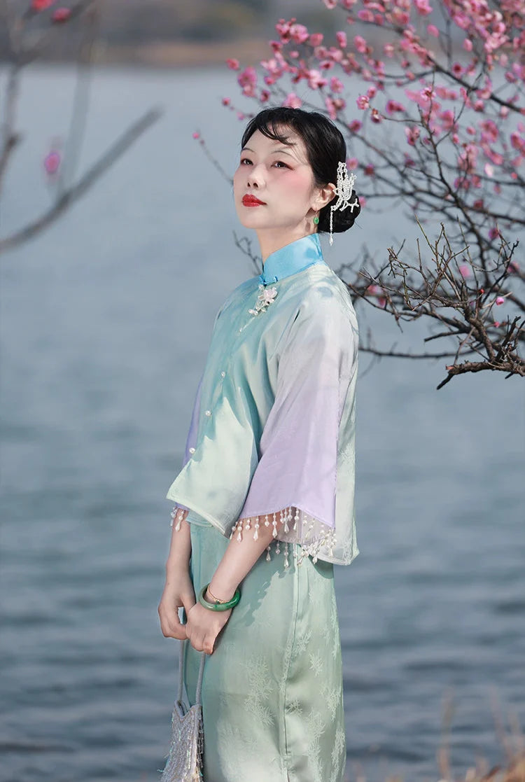 Ni 霓 Neon 1930s Gradient Leaf Jacquard Cap Sleeve Qipao