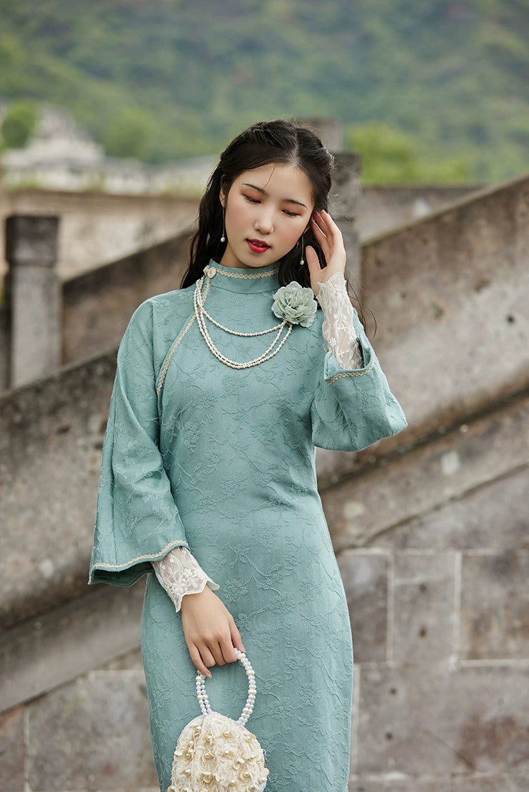 蘭草 蘭花 1930年代 純棉提花高領旗袍