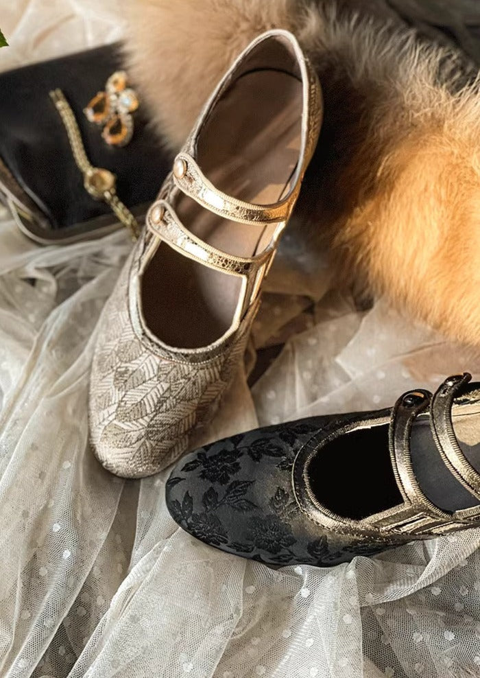 Nightcap 睡前酒 1920s Reproduction Cowhide Leather Jacquard Kitten Heel Shoes
