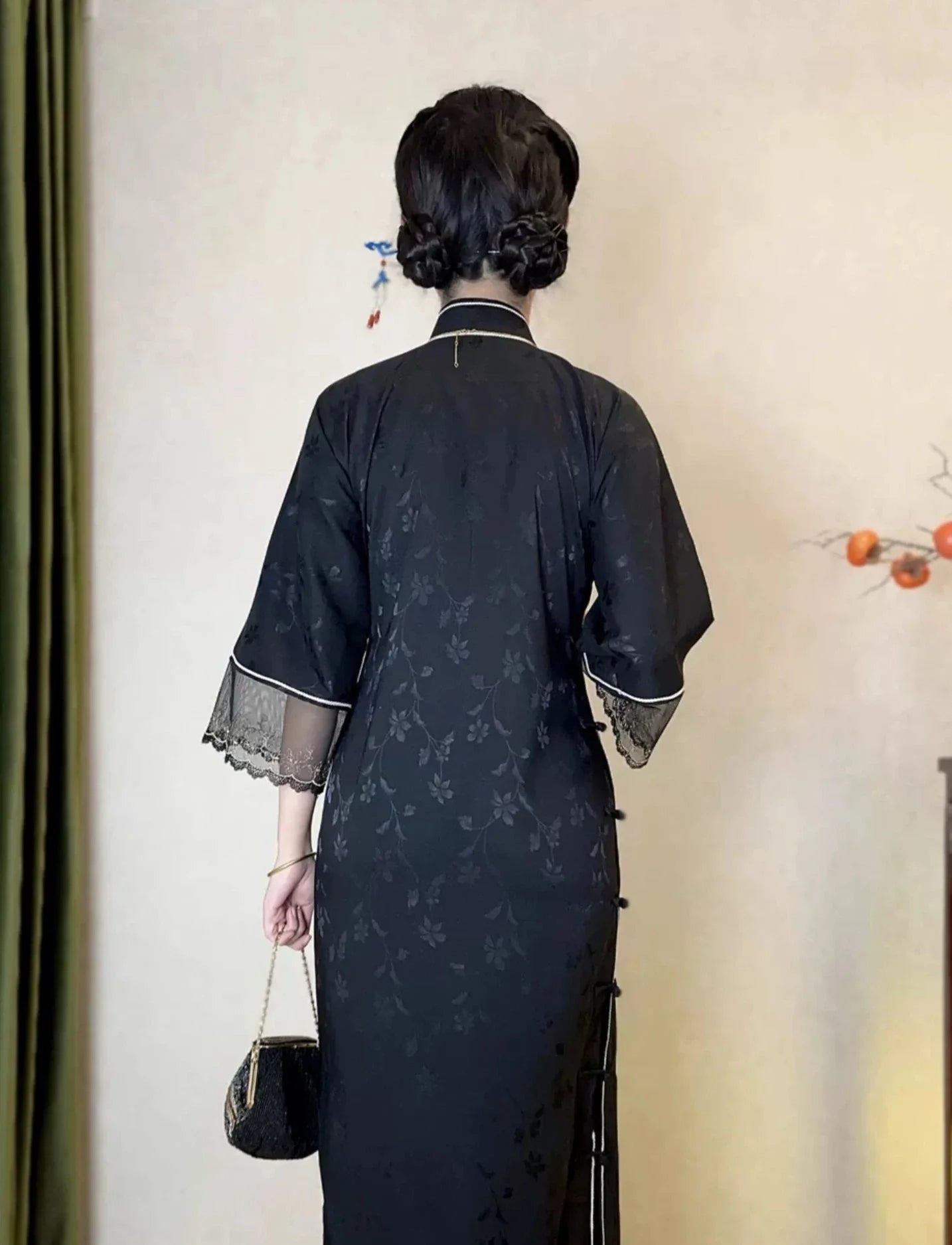 桔梗野花 1920 年代黑色蕾絲緞面旗袍