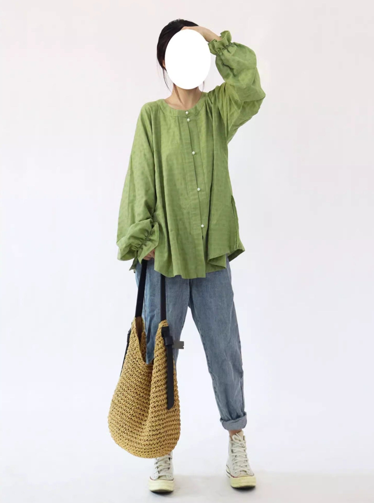Touqi 透气 Lantern Sleeve Modernized Ming Round Collar Shirt