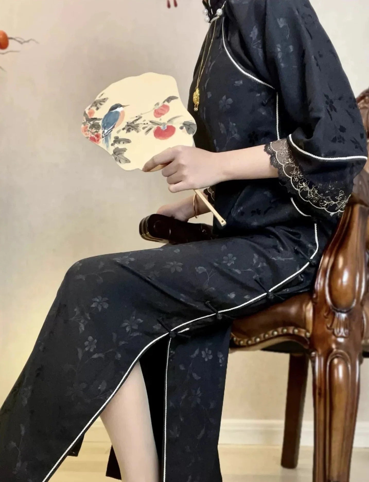 桔梗野花 1920 年代黑色蕾絲緞面旗袍