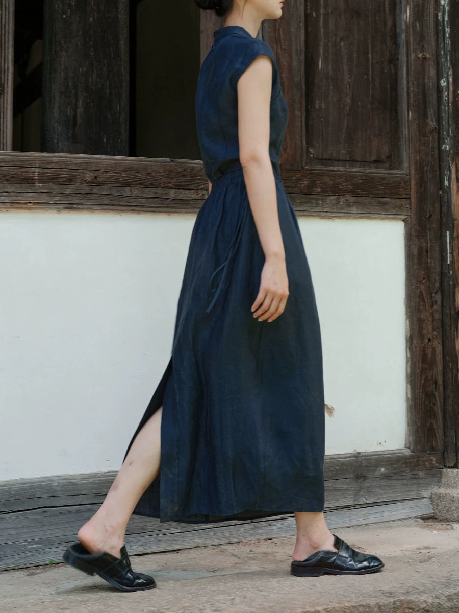 Lan Su 蓝溯 Tracing Blue New Chinese Style Summer Tencel Linen Qipao Top & Skirt Set