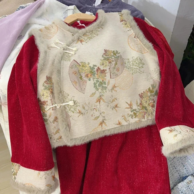 Hong Bao 红包 Roten Umschlag 1920er Jahre inspiriertes Plus Size Winter Qipao & Majia Westen-Set