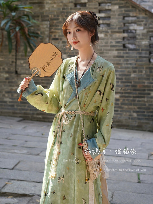 Maomao 猫猫 Kitten Modernized Tang Dynasty Cat Print Yuanlingpao Round Collar Robe